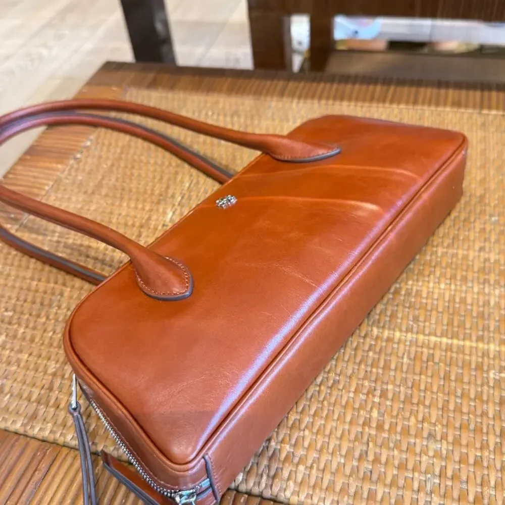 Tory Burch Rory Glazed Box Satchel 188220 $450 Aged Brown